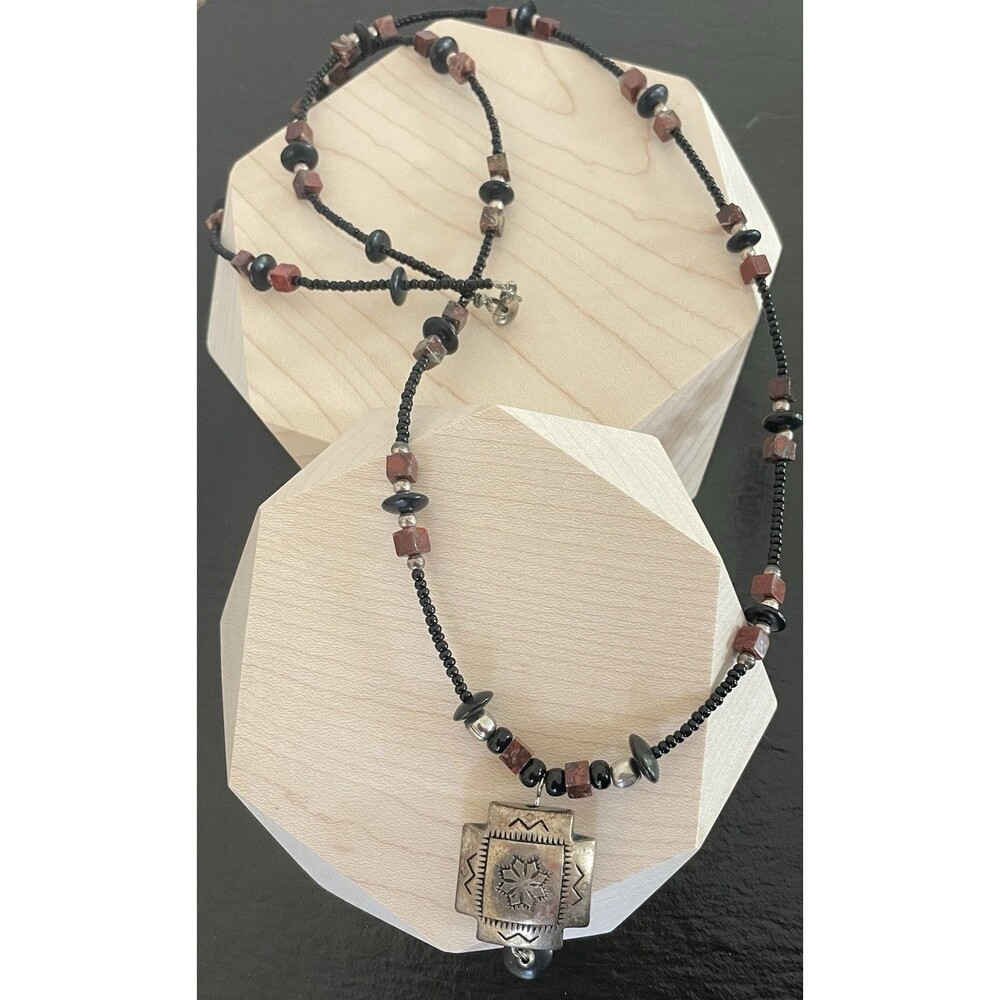 Southwestern Natural Stone (orange/red) Black Beaded Silver Tone Necklace